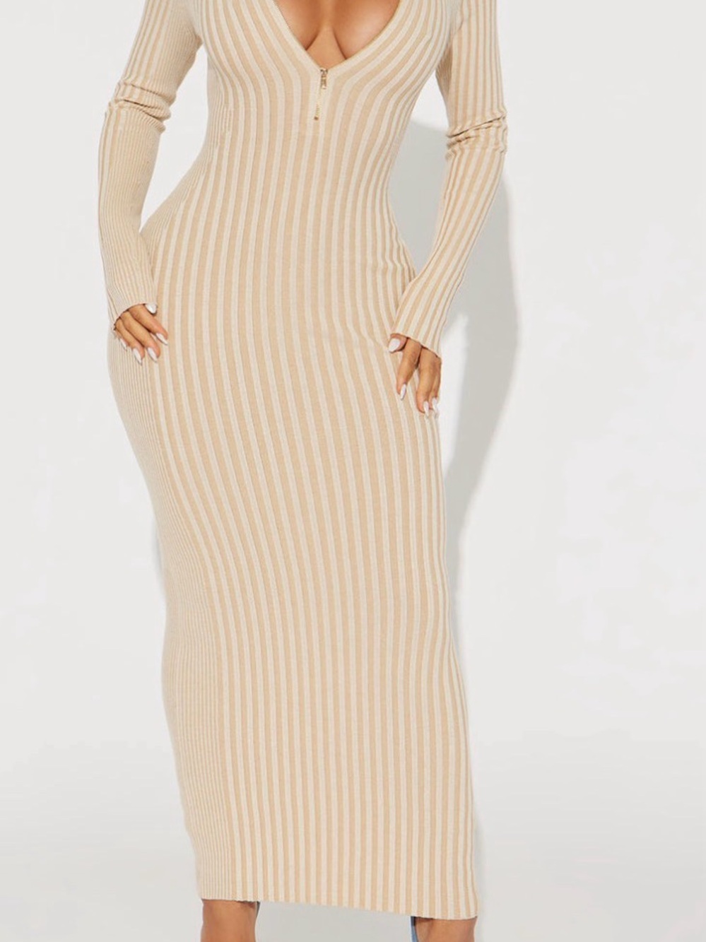 Fashion Nova Beige Ribbed Long Sleeve V-Neck Maxi Dress